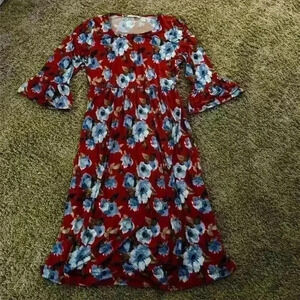 Twelve Months Apparel Floral Print Midi Dress Ruffled Sleeves Red Size M